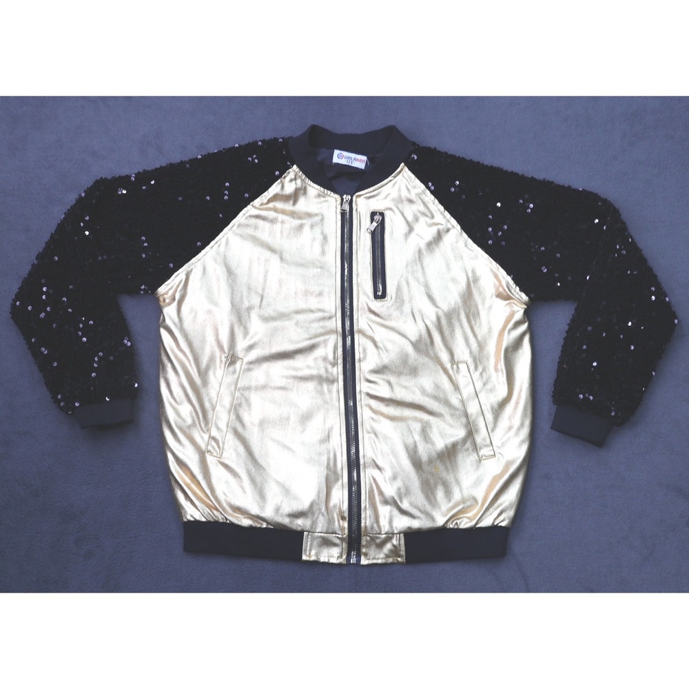 Welaken Bomber Jacket Kids 12Y Gold Black Excellent Metallic Sequin Zip Up